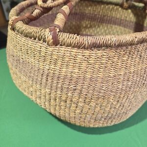 Extra Large African Bolga Ghana Market Basket With Leather Handle Vintage 16"